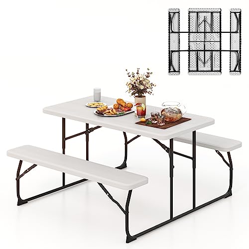 Tangkula Folding Picnic Table with 2 Benches, Outdoor Metal Camping Table Set with Plastic Wood-Like Texture Tabletop & Steel Frame, Foldable Camping Table for Picnic, Party, BBQ (White)