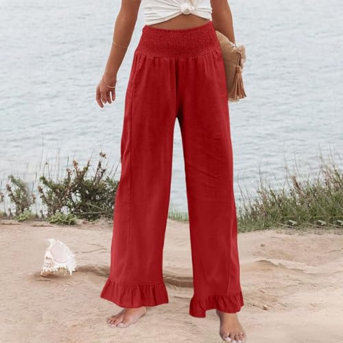 Image of Palazzo Pants for Women Linen Smocked Elastic Waist Ruffle Wide Leg Pants Summer Beach Flowy Boho Pant with Pockets