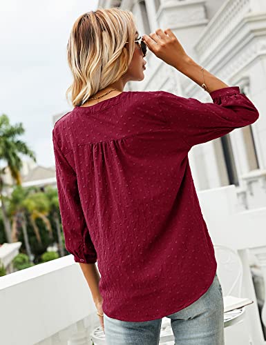 Lomon Swiss Dot Blouses For Women Relaxed-Fit Cute 3/4 Sleeve V Neck T-Shirts Blouse Tops (Red, L) #TOP4