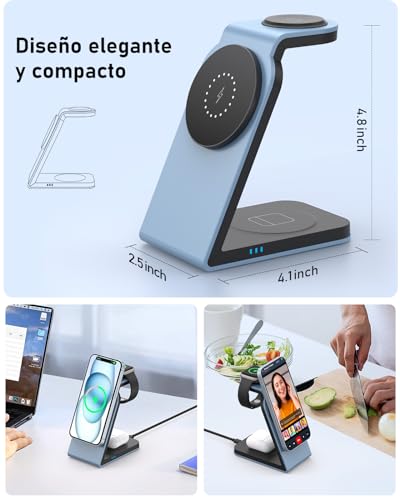 Cargador inalámbrico i.Phone 3 en 1: Cargador Magsafe Wireless Charger para i.Phone 15 14/13/12 Plus/Apple Watch 9/8 Ultra/7/6/SE/5/4/3/2, Airpods 3/2/pro