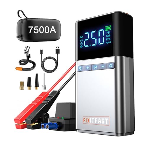 FINYQBET 7500A Jump Starter Portátil para Carro com Compressor de Ar de 150 PSI, Lanterna LED e Carregamento Rápido USB,Para Motocicletas, SUVs, e outros, Bateria externa e emergências