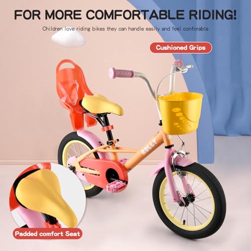 Image of RULLY 12 14 16 Inch Kids Bike for 2-7 Years Girls 33-53 Inch Tall, Toddler Bicycle with Training Wheels & Coaster Brake, Rainbow Bike, Macarons