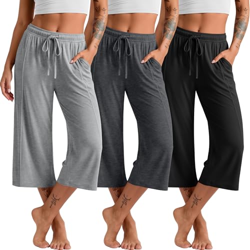 Image of 3 Pack Capri Pants for Women Wide Leg Lounge Yoga Cropped Pants Summer Casual Loose Capris with Pockets