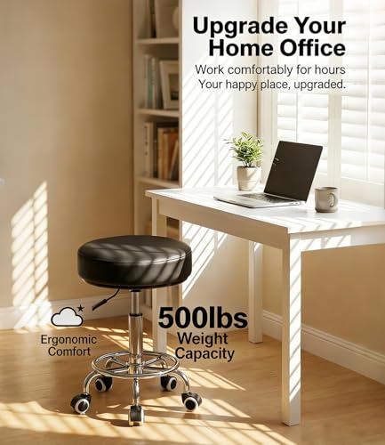 Image of Adjustable Rolling Stool with Wheels 500lb,Thick 9.5cm Cushion,30-Second Assembly,Heavy Duty Round Rolling Stool with Footrest,Patent Leather For Drafting Stool Chair Work Spa Salon Seat(Black)