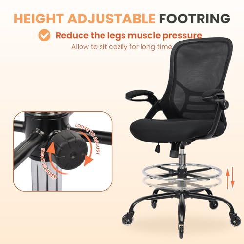 HYLONE Drafting Chair Adjustable, Tall Office Chair Lumbar Support Ergonomic Standing Desk Chair Heavy Duty Tall Drafting Stool for Artists with Footrest Home Office Drafting Stool