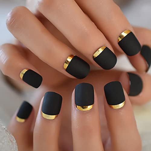Black Matte Press On Nails With Designs Easy French Manicure Faux Ongles Decoration Fake Stick On Nails For Women Gold Metallic Moo