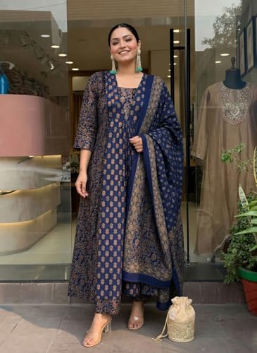 Image of ANNI Designer Women's Viscose Printed A-Line Kurta Set with Pant and Dupatta | Ethnic Wear Dress | V-Neck | 3 /4 Sleeve Indian Traditional Outfit for Women