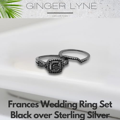 Frances Square Halo Black Wedding Ring Set for Women by Ginger Lyne CZ Engagement Rings for Women Sterling Silver Wedding Bands for Her | Cubic Zirconia Bridal Sets | Half Eternity Band2