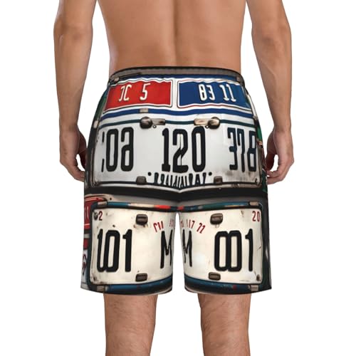 Men's Beach Shorts Swim TrunksFun Patterns Old License Plate Print for Surfing Running Summer Vacation3