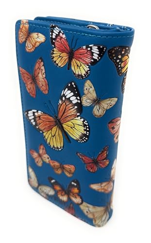 Shag Wear Monarch Butterfly Migration Large Wallet for Women and Teen Girls Vegan Faux Leather Dark Blue 7"3
