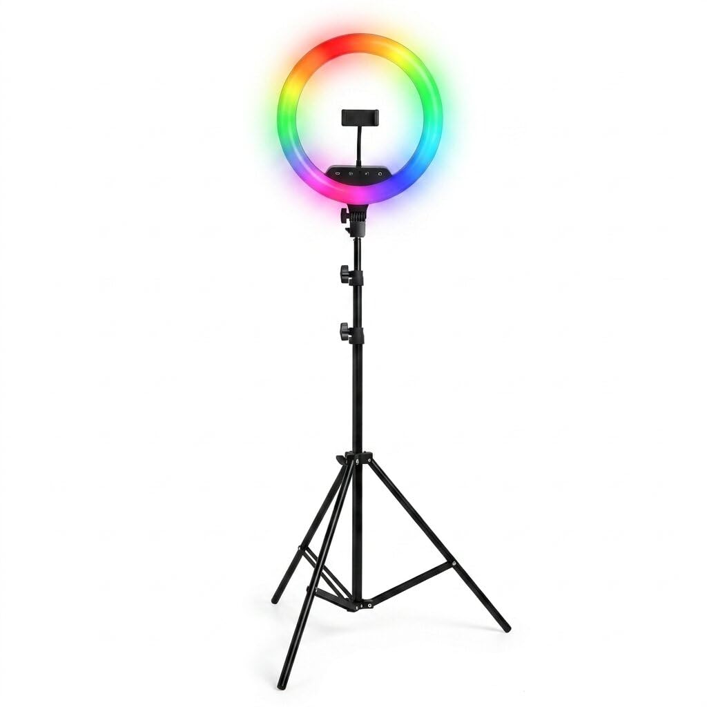 Luméon 36 cm RGB Ringlicht mit Stativ – 14 Zoll LED Fotolicht mit 39 Farben & Effekten, inkl. Fernbedienung & 2 Handyhalterungen für TikTok & YouTube