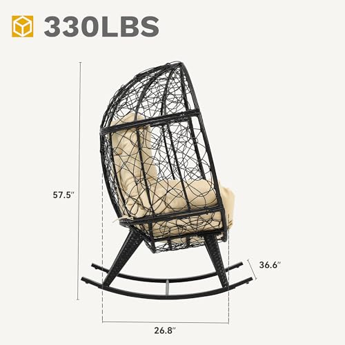 DWVO Wicker Rocking Egg Chair, Oversized Indoor Outdoor Rattan Rocking Chair, Indoor Outdoor Lounger for Patio, Backyard, Living Room, Black & Beige