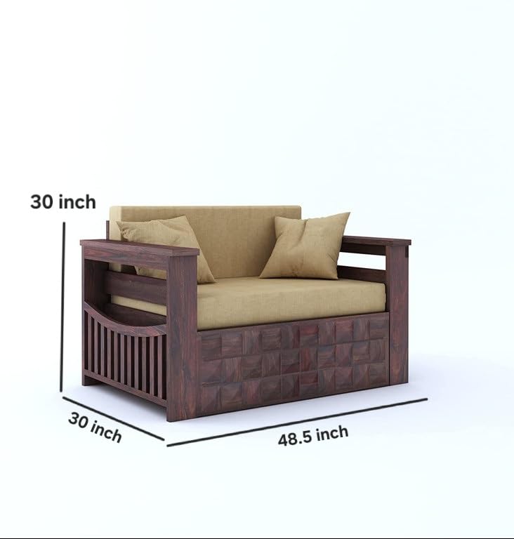 Image of Solid Sheesham Wood Sofa Cum Bed 2 Seater | Wooden Foldable Double Bed for Living Room with Headboard & Storage | Bed Cum Sofa with Mattress for Home | Diamond Design (Walnut Finish)