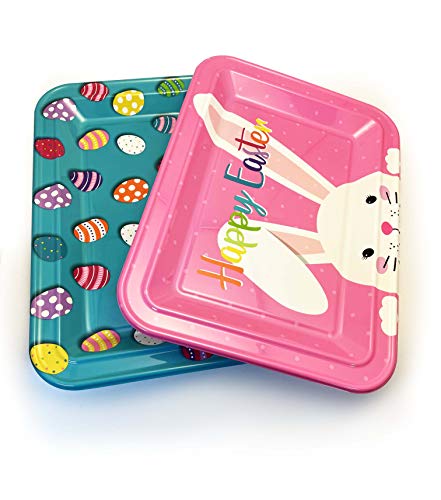 Happy Easter Plastic Extra Large Serving Trays Disposable Festive and Vibrant Assorted Designs Such as Bunny Rabbit and Stripes in Rectangular or Egg Shaped Trays (Set of 4)