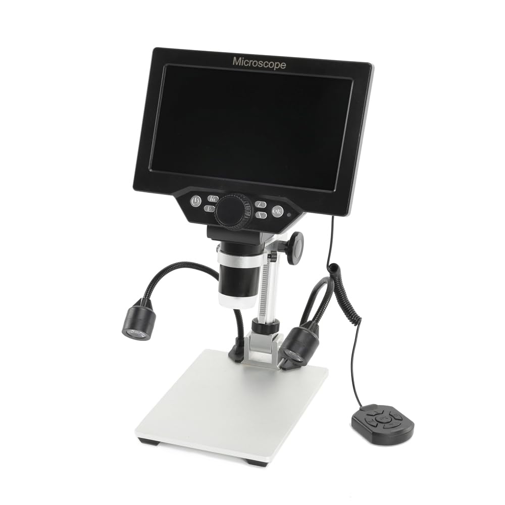 Microscopio digital B1200 de 7 pulgadas, pantalla LCD a color grande de 12 MP 1-1200X, lupa de amplificación continua con soporte de metal y dos luces auxiliares