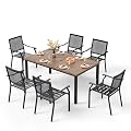 PHI VILLA 7 Pieces Patio Dining Set for 6, 65” Wood-Like Metal Steel Dining Table & Stackable Iron Dining Chairs, Large Dining Furniture Set for Outdoor Deck, Yard, Porch