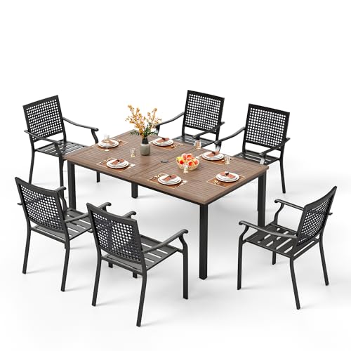 PHI VILLA 7 Pieces Patio Dining Set for 6, 65” Wood-Like Metal Steel Dining Table & Stackable Iron Dining Chairs, Large Dining Furniture Set for Outdoor Deck, Yard, Porch