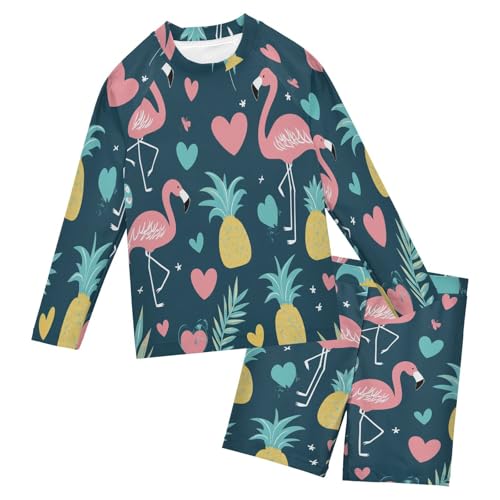 Flamingo Sweet Love Boys Swimsuit Rash Guard Toddler Kids Long Sleeve Swim Shirt and Trunks Swimwear Set 3-10Y