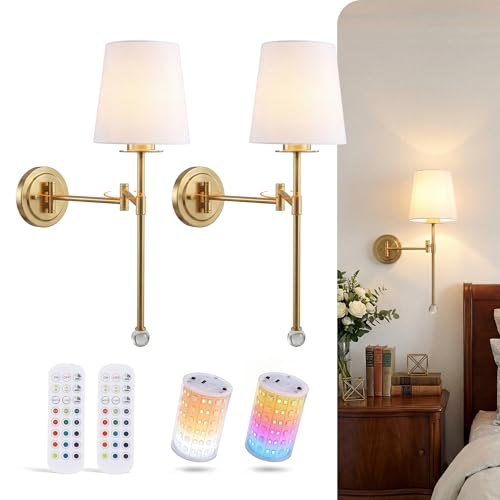 Image of CLOUDY BAY 10000mAh Battery Operated Wall Sconces,Up to 100 Hours with Rechargeable RGB Dimmable Magnetic Bulb,Cordless Wall Lighting Fixtures with Remote for Bedroom,Soft Gold,2 Pack-18.6inch