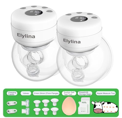 Image of Elylina Wearable Breast Pump Hands Free｜Electric, Portable & Hands-Free, Super Quiet & Strong Suction, 2 Modes 9 Levels, Easy Clean, Auto Memory, All-Day Battery, 3 Flange Sizes (21mm/24mm/27mm)