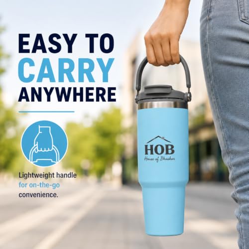 Image of House of Bhaskar 900ml Insulated Coffee Mug with Handle & Lid - Leakproof Stainless Steel Vacuum Travel Mug, Hot 8 Hrs & Cold 12 Hrs, Ideal for Gym, Office, Car & Travel (Sea Blue)