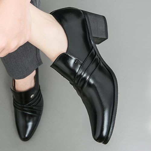 Image of Men's Leather Pointed Toe Block Heels Slip-on Oxford Shoes Comfort Medium Chunky Heels Retro Low Top Dress Prom Shoes for Wedding Business Work Dating
