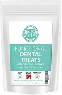 Pets Purest Dog, Cat & Puppy Dental Treats - Natural Plaque Off, Tartar, Teeth Cleaning & Healthy Gum Oral Hygiene Breath Freshener Chews - Hypoallergenic Activated Charcoal & Peppermint Food Bites