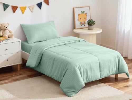 Image of ZPECC Toddler Bedding Set - 4 Piece Hypoallergenic Baby Crib Bedding Set for Boys and Girls, Includes Toddler Comforter, Flat Sheet, Fitted Sheet and Pillowcase, Green Stripe