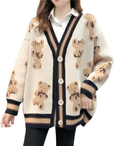 Women Kawaii Bear Cardigan Anime Sweater Kimono Girl Aesthetic Cute Japanese Korean Preppy Knitted Top Light Academia (Beige,One Size,One Size)