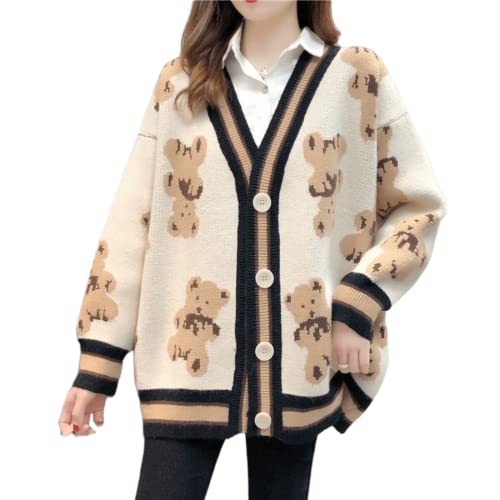 Women Kawaii Bear Cardigan Anime Sweater Kimono Girl Aesthetic Cute Japanese Korean Preppy Knitted Top Light Academia (Beige,One Size,One Size) #TOP3
