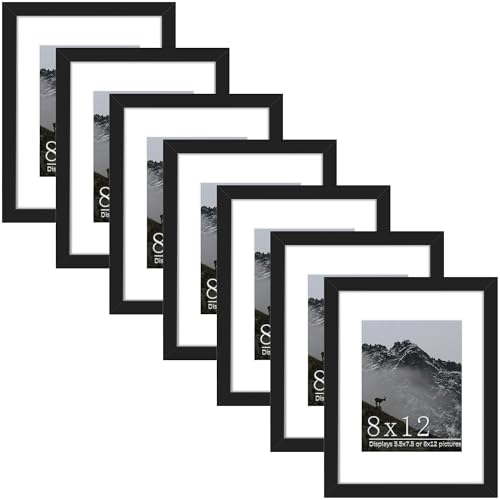 Picrit 8x12 Picture Frame Set of 7, Display 6 x 8 with Mat or 8 x 12 without Mat, Photo Frames for Wall Mounting or Table Top Display, Black