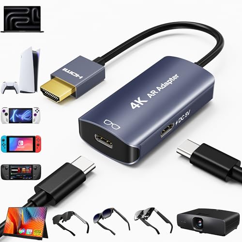 AR Glasses HDMI to USB C Adapter 4K@60Hz XR Converter with Play and Charge DC 5V HDMI to USB-C Video Display for XREAL One/Air 2 Pro/VITURE/RayNeo/Rokid Switch 2/1 PS5/4 Xbox Portable Monitor