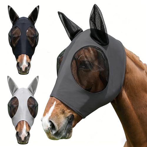 2 Stück Fliegenmaske Kleine und Mittlere Pferde Super Comfort Stretchy Horse Fly Mask mit Ohren & Schopfloch Elastisches Material atmungsaktiv leicht UV-Schutz Weich & Passgenau (Schwarz + Grau)