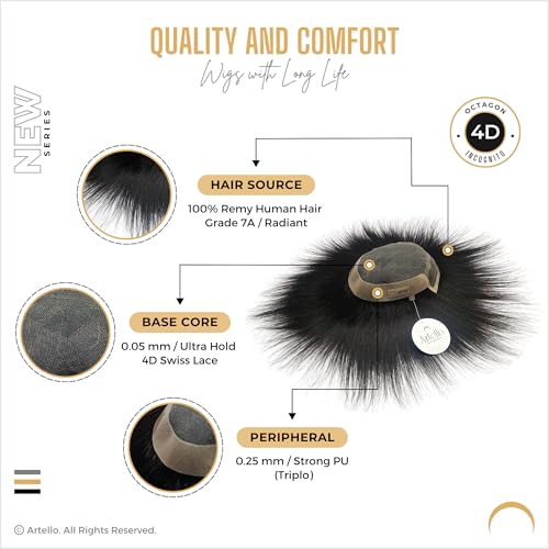 Image of Artello OCTAGON FRONT LACE Hair Patch for Men, 4D Swiss Lace, 0.03 mm Invisible Frontal Hairline, Ultra Hold, Strong PU, 100% Remy Human Hair Wig (Colour: Natural Black) (7x5)