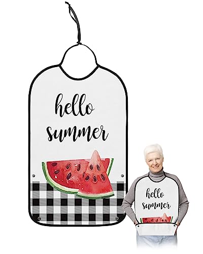 LEOKOTI Summer Watermelon Adult Bibs for Eating, Waterproof Bibs with Food Catcher & Adjustable Snap Closure, Black White Plaid Farmhouse Washable Clothing Protectors Adult Bibs for Elderly Women/Men