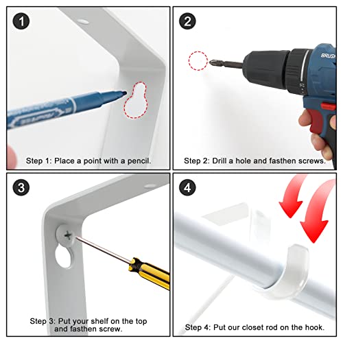 Closet Rod Brackets Heavy Duty With 48” Rod, Closet Shelf Brackets With Rod Holder, Closet Brackets For Both Shelf Storage And Closet Rod, White Closet Shelf Support Pole Holder, 3 Pack #TOP4