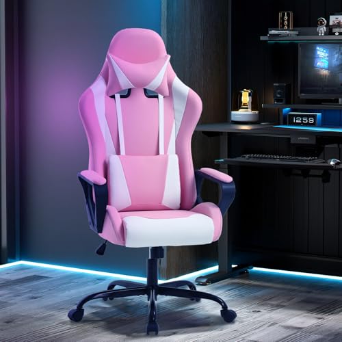 Pink Gaming Chair High-Back Office Chair Ergonomic Video Game Chairs Height Adjustable Reclining Computer Chair with Lumbar Support Armrest Headrest Swivel Chair Game Chair for Adult Teen - Pink