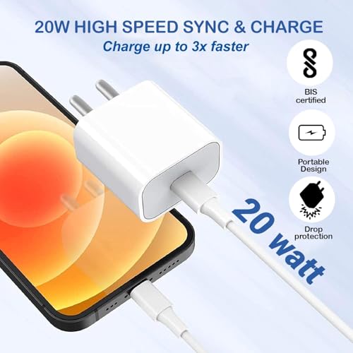 Image of 20W PD Type C Fast Charger with Type C-L 1 Mtr Cable Compatible for iPhone 14 I 14 Pro I iPhone 12 I 12 Pro I 12 Mini 12 Pro Max - White