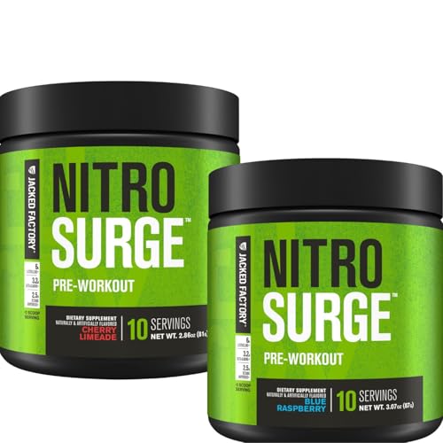 Jacked Factory NITROSURGE Pre Workout Supplement for Energy, Instant Strength Gains, Clear Focus, & Intense Pumps (Blue Raspberry, 10 Servings & Cherry Limeade, 10 Servings)