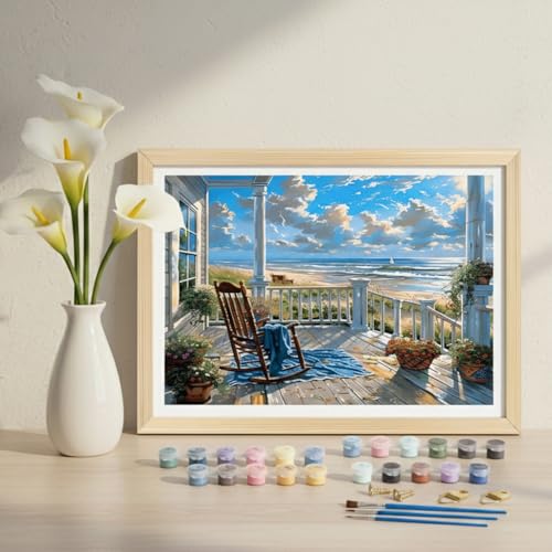 Image of HASTHIP DIY Paint by Number Kit for Adults, Coastal Porch Ocean View Landscape Painting Art Work with Frame, DIY Acrylic Paint by Numbers Canvas Wall Art Home Decor Gift, 40x50cm
