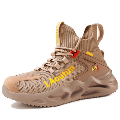 LAoutun Steel Toe Shoes for Men, Lightweight Comfortable Safety Shoes with Puncture Resistant, Indestructible Work Shoes for Construction and Warehouse Brown