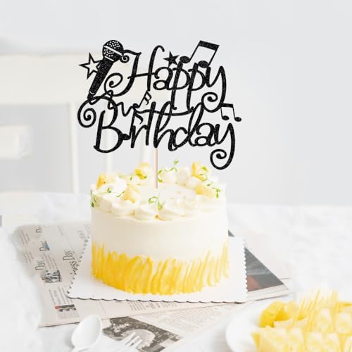 Naicaek Black Glitter Microphone Happy Birthday Cake Topper,Music Lover Birthday Decorations,Karaoke Musical Theme Birthday Party Supplies For Boys Girls thumb #2