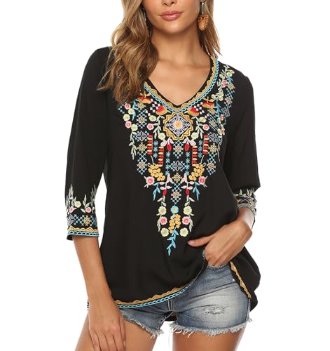 Higustar Mexican Tops for Women Embroidered Shirts Bohemian Hippie Clothes Tunic Fiesta Plus Size Boho Peasant Blouses2