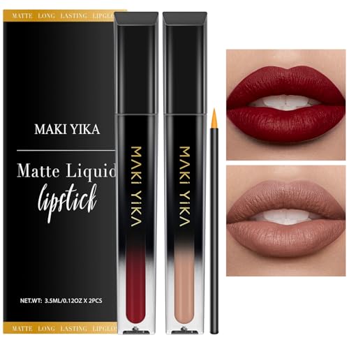 Image of MAKI YIKA 2Pc Matte Liquid Lipstick Set Dark Red Nude Lipstick Long Lasting
