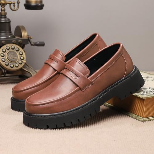 Image of Men's Leather Platform Chunky Slip-On Penny Loafers Classic Round Toe Lug Sole Business Casual Formal Work Shoes