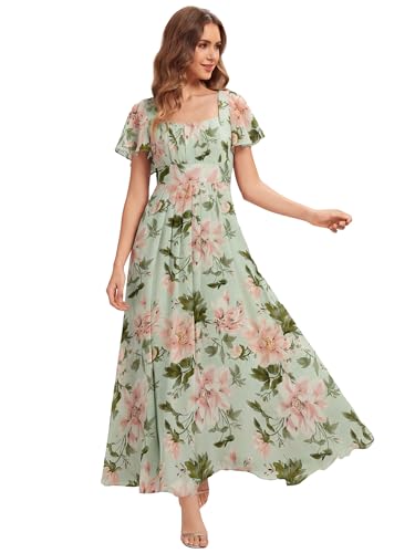 Image of Ever-Pretty Women's Bridesmaid Dress Floor Length Chiffon Square Neck with Natural Waist and Short Sleeves Light Green Floral 14