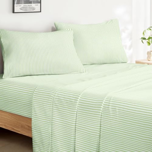 Image of Wake In Cloud - Striped Bed Sheets, 4-Piece Sheet Set, Ticking Vertical Pin Stripe Modern Farmhouse Pattern Printed Bedding, Deep Pocket, Sage Green White, Twin Size