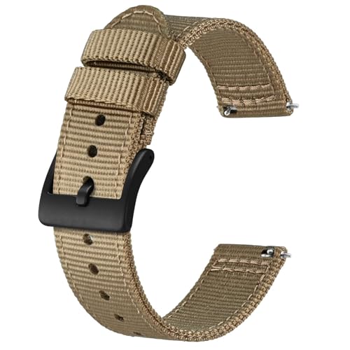 BISONSTRAP Men’s Nylon Watch Bands, Two-Piece Military Watch Straps, Quick Release, Brushed Buckle, 22mm, Khaki (Black Buckle)