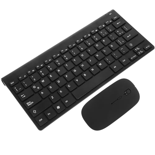 DIYEAH Combo De Teclado y Ratón Inalámbricos para Ordenador Diseño Español Latino, Materiales Resistentes De Resina, Uso Oficina y Estudio, Ergonomía Esencial, Color Negro Básico