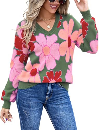 Angashion Womens Sweaters Flower Print - Crewneck Knitted Long Sleeve Sweaters Fall Winter Pullover Casual Top